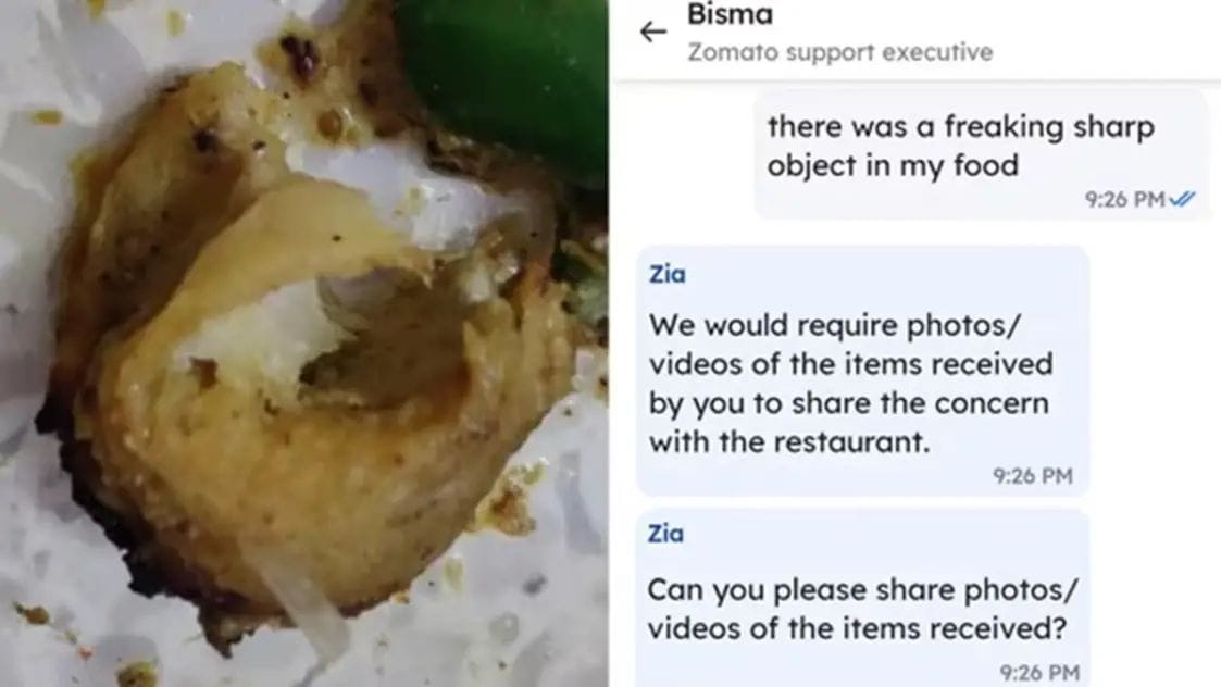 Ordered chaap from Zomato, found a sharp object inside, customer got angry, posted it viral