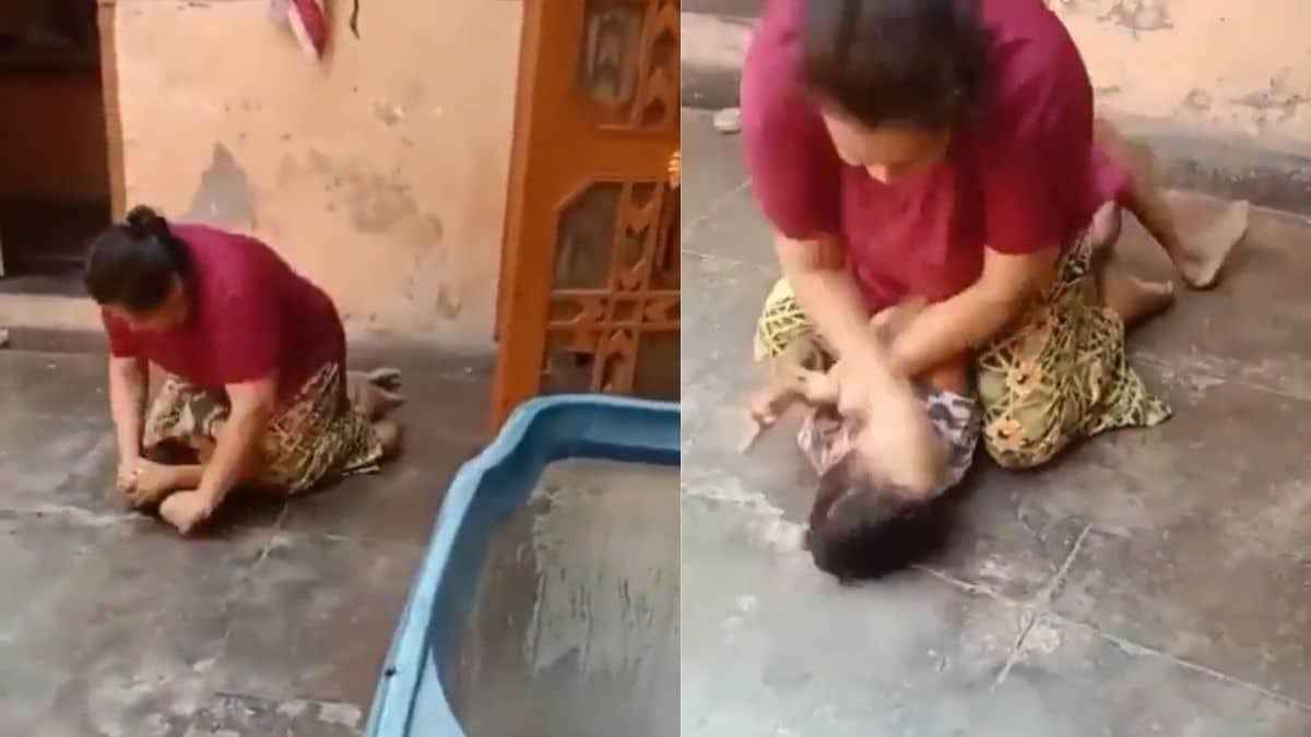 Mother turned monster, video of cruelty on innocent child came out, she kept beating her son while sitting on him, threw him on the ground, strangled him, watch VIDEO